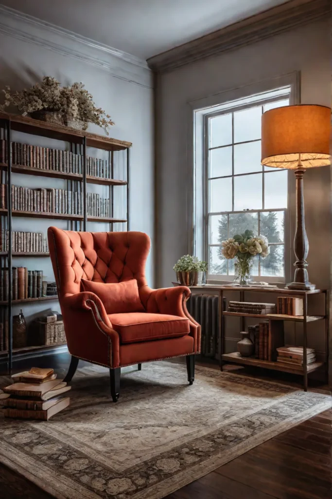 Rustic living room reading nook with a vintagestyle lamp