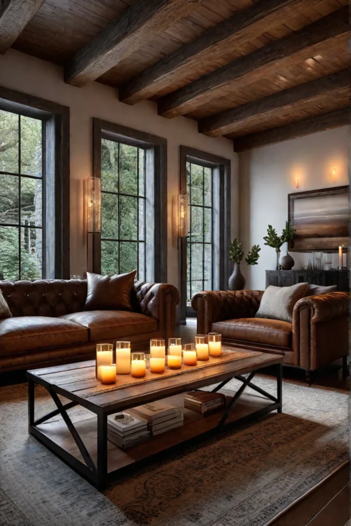 Rustic living room with a leather sofa candles and warm white LED