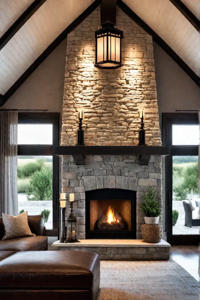 Rustic living room with a stone fireplace and lanternstyle sconces