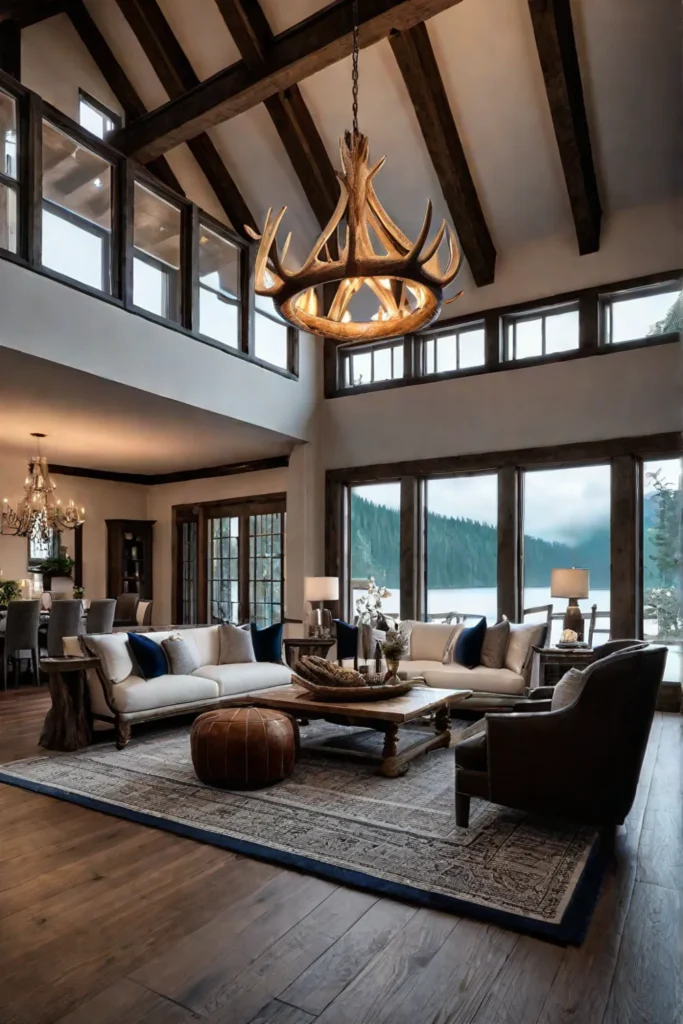 Rustic living room with an antler chandelier and recessed lighting