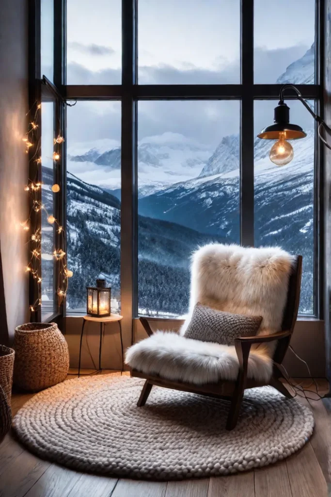 Rustic living room with string lights and a snowy view