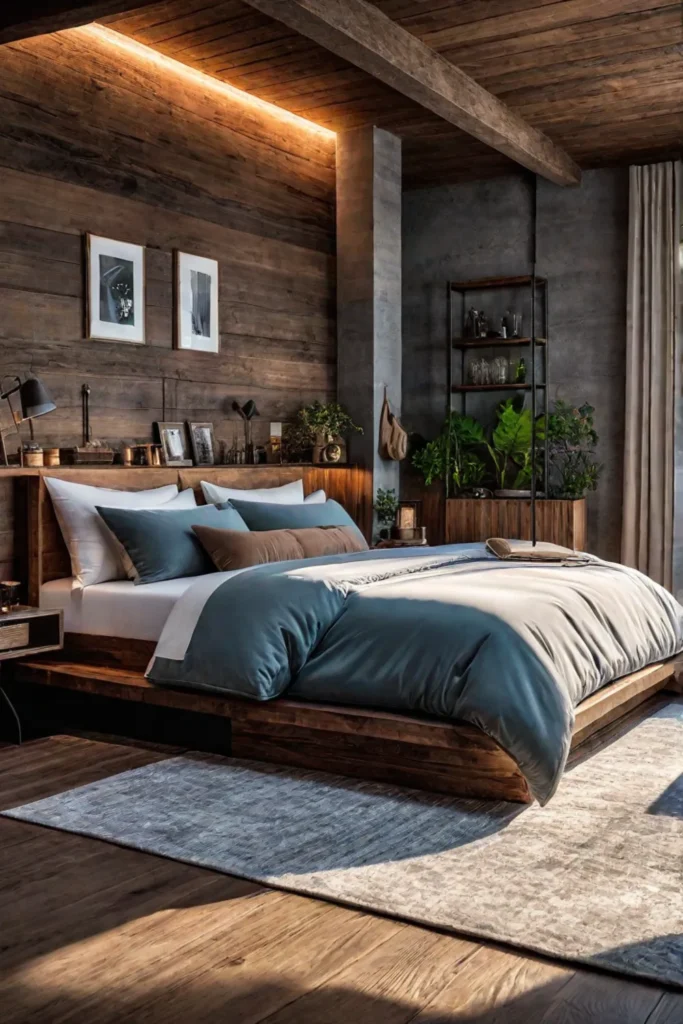 Rustic small bedroom with natural materials and earthy tones