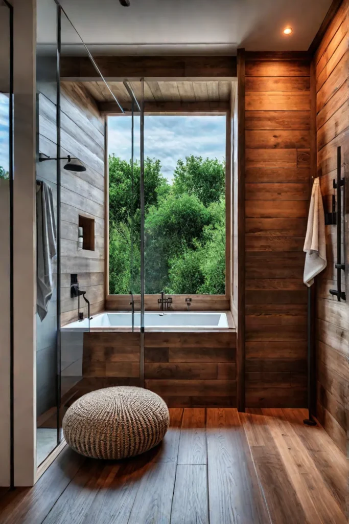 Rustic bathroom with wood and glass shower enclosure