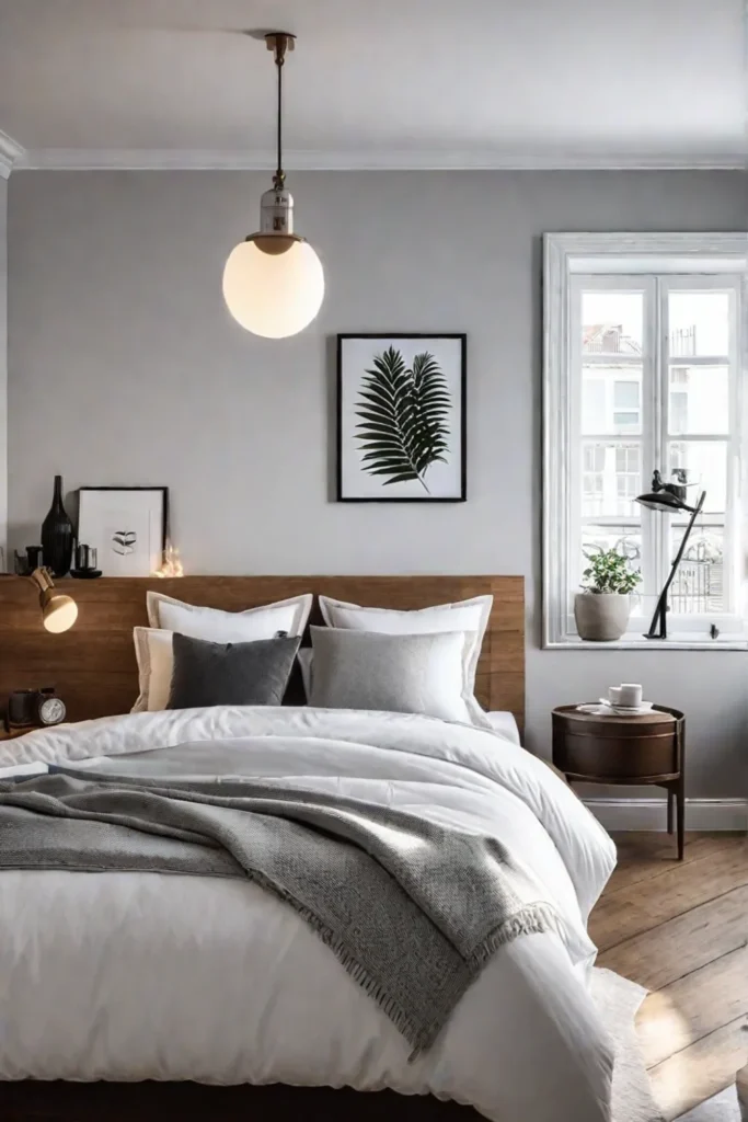 Scandinavian small bedroom with neutral colors and natural wood accents