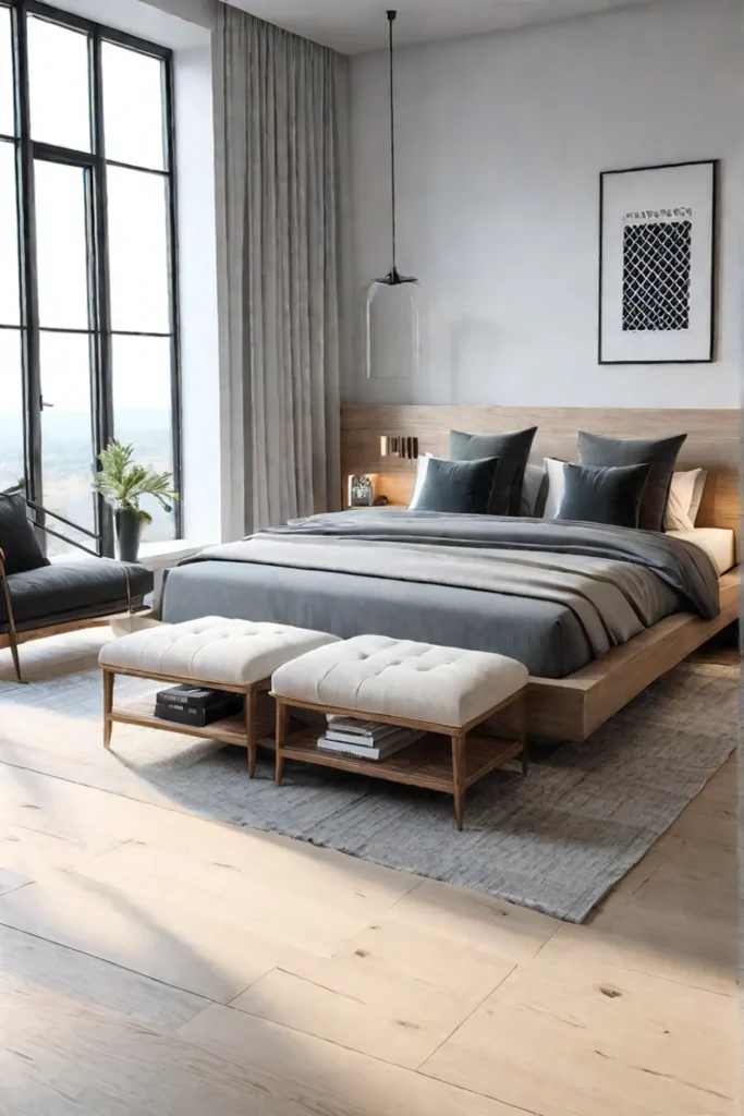 Scandinavianinspired minimalist bedroom with light wood and white walls