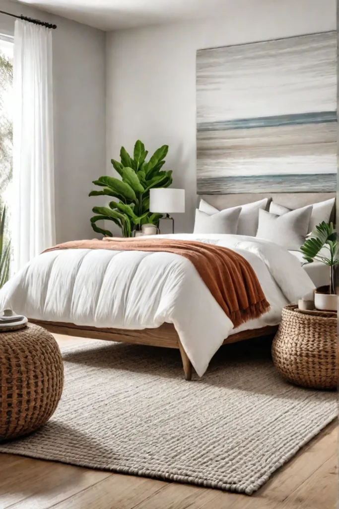 Serene minimalist bedroom retreat with natural textures and greenery