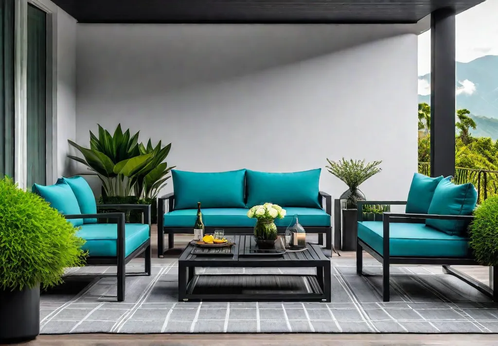 Sleek and modern aluminum patio furniture set with comfortable cushions and afeat