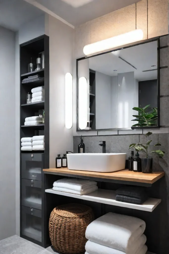 Small bathroom with grouped toiletries