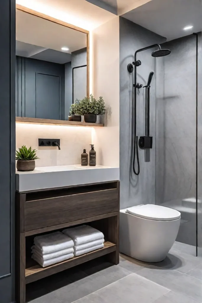 Small bathroom with recessed wall niche storage