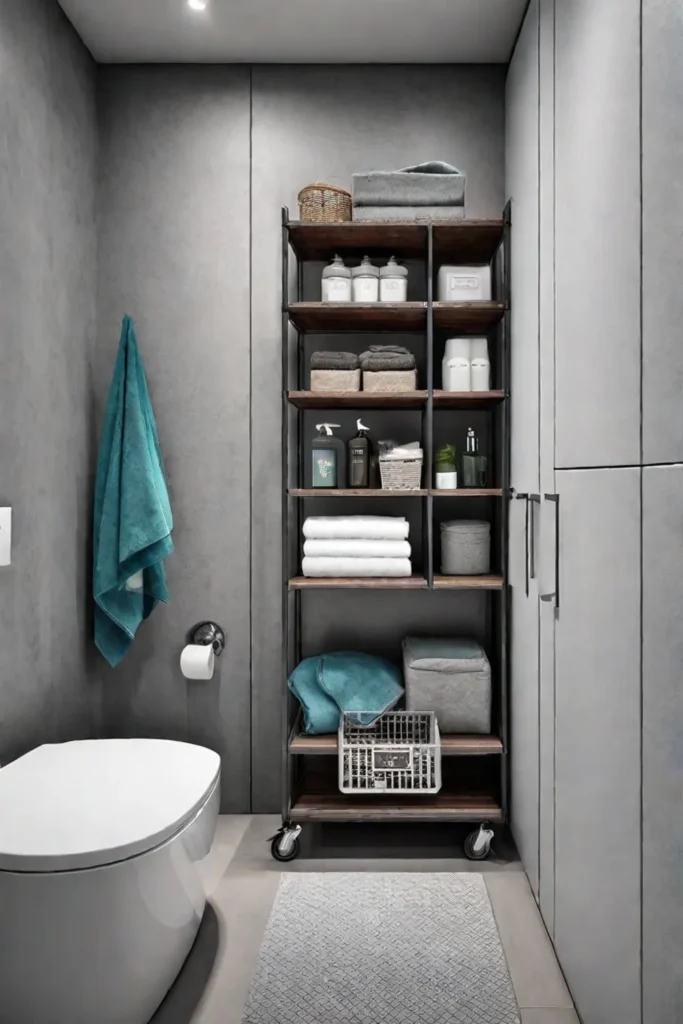 Small bathroom with rolling cart and overthetoilet storage
