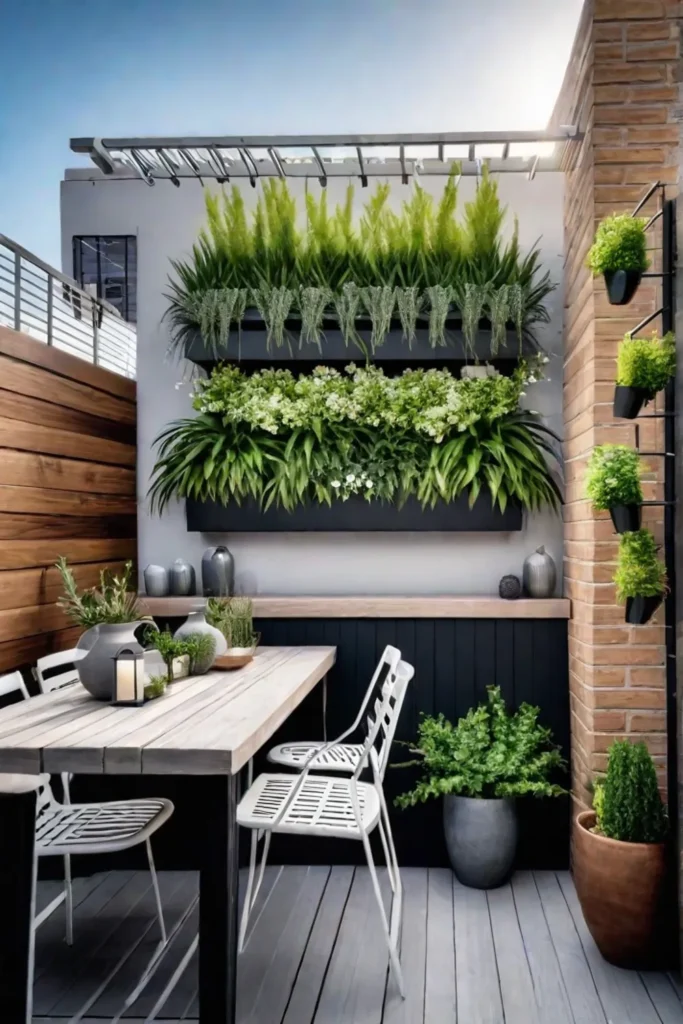 Small apartment balcony with vertical garden and outdoor furniture