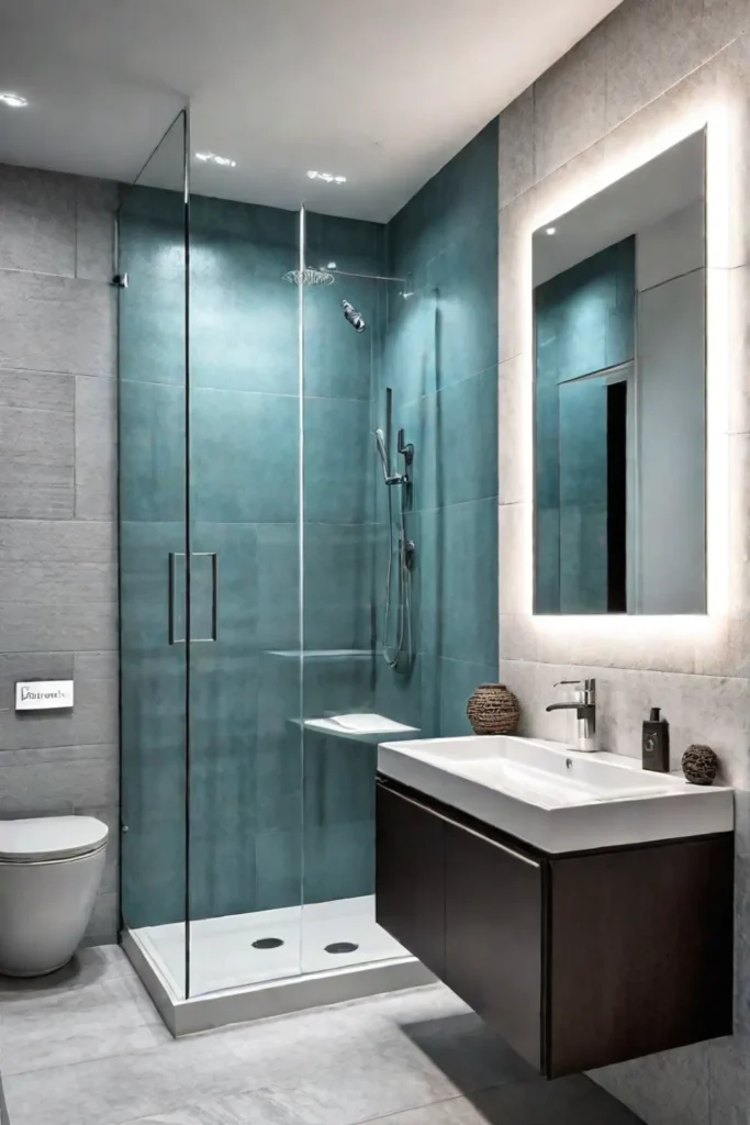 Spacesaving minimalist bathroom with corner shower