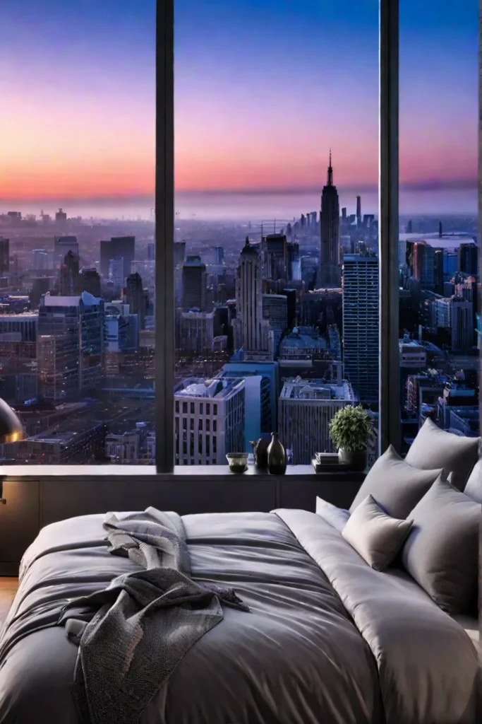 Spacious apartment bedroom with city views