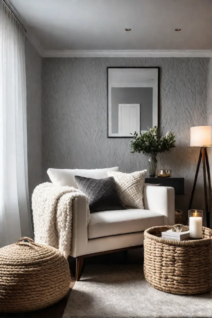Textured wallpaper and woven accents adding depth