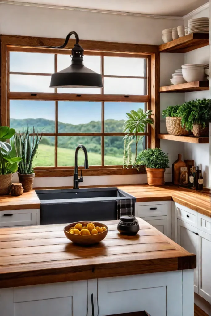 Undercabinet lighting enhances the warmth of a farmhouse kitchen