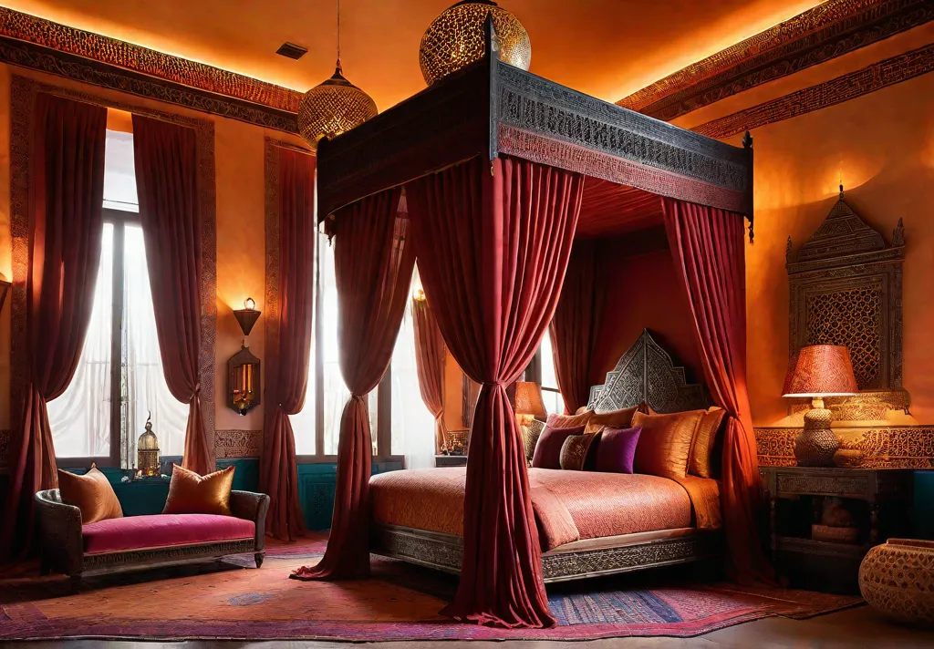 A Moroccaninspired bedroom with a luxurious fourposter bed draped in sheer fabricsfeat