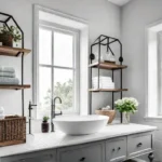 A bright airy bathroom with white walls and large windows featuring afeat