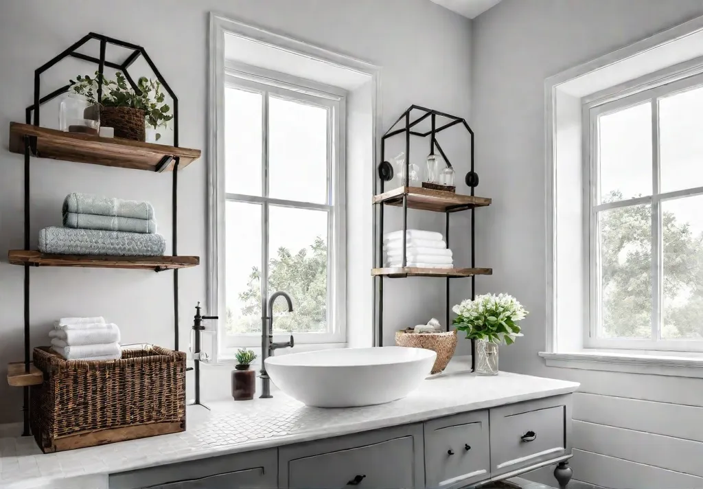 A bright airy bathroom with white walls and large windows featuring afeat