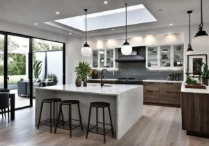 A bright and airy kitchen with stylish pendant lights illuminating a centralfeat
