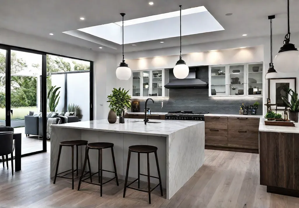 A bright and airy kitchen with stylish pendant lights illuminating a centralfeat