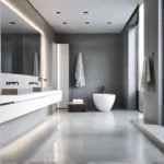 A contemporary bathroom scene showcasing a sleek and modern concrete floor withfeat
