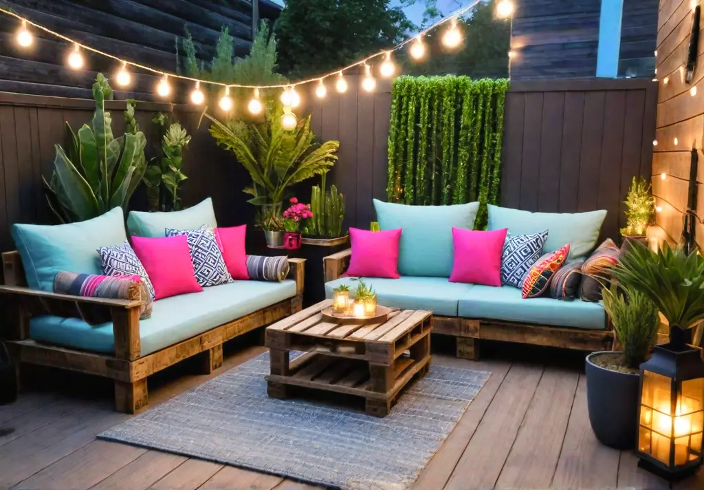 A cozy patio space furnished with upcycled pallet furniture