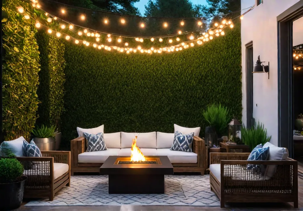 A cozy patio with warm string lights comfortable wicker furniture with plushfeat