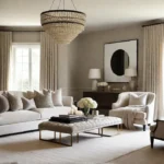A luxurious and cozy living room with a neutral color scheme featuringfeat