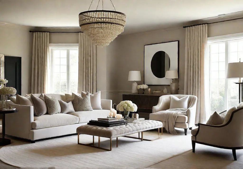 A luxurious and cozy living room with a neutral color scheme featuringfeat