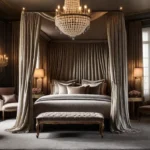 A luxurious bedroom with a fourposter canopy bed draped in flowing silkfeat