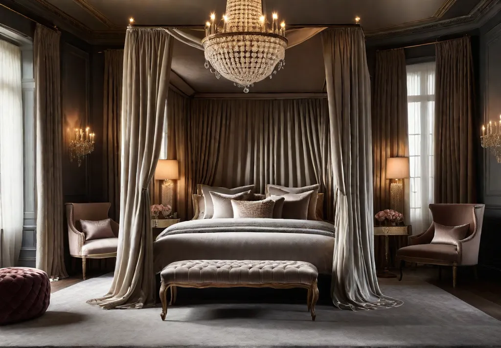 A luxurious bedroom with a fourposter canopy bed draped in flowing silkfeat