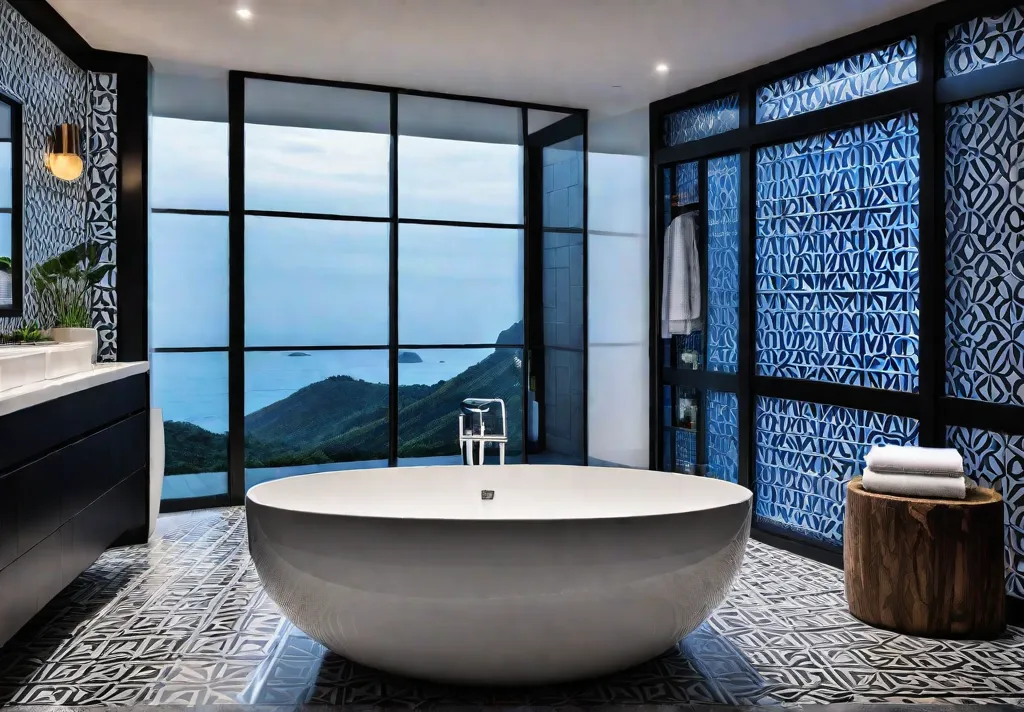 A modern bathroom with vibrant geometric tile patterns sleek black fixtures andfeat