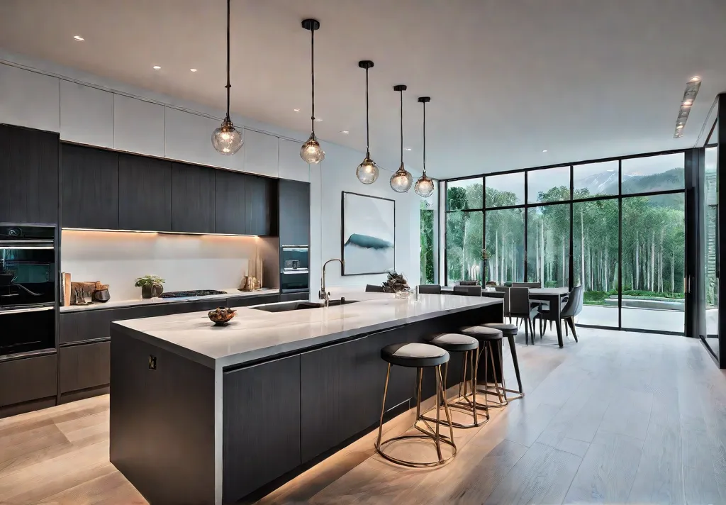 A modern kitchen filled with natural light streaming through large windows complementedfeat