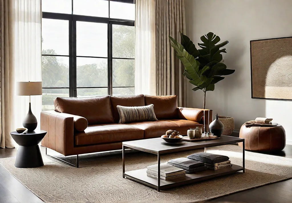 A modern living room bathed in natural light featuring a plush leatherfeat