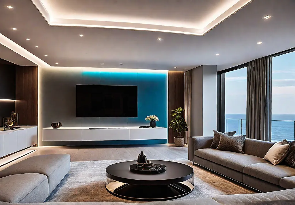 A modern living room bathed in warm dimmable smart lighting emanating fromfeat