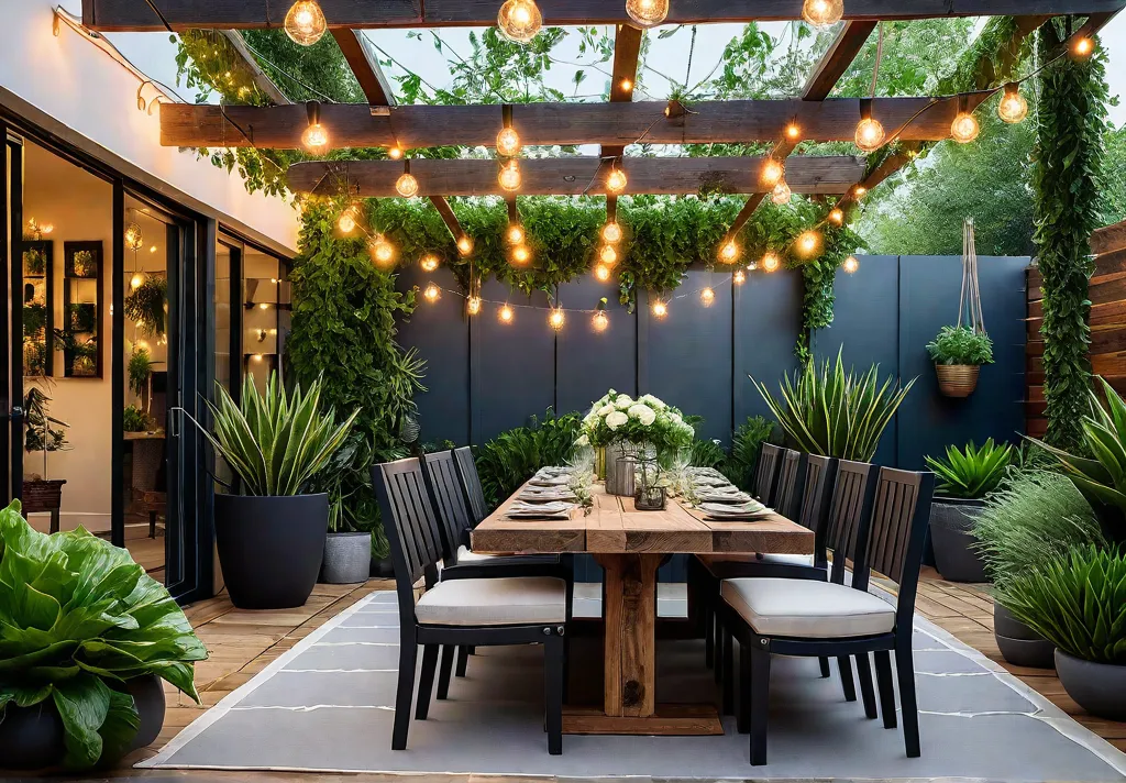 A modern patio showcasing a dining table and chairs crafted from reclaimedfeat