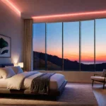 A serene bedroom bathed in the warm glow of sunsetcolored smart lightsfeat