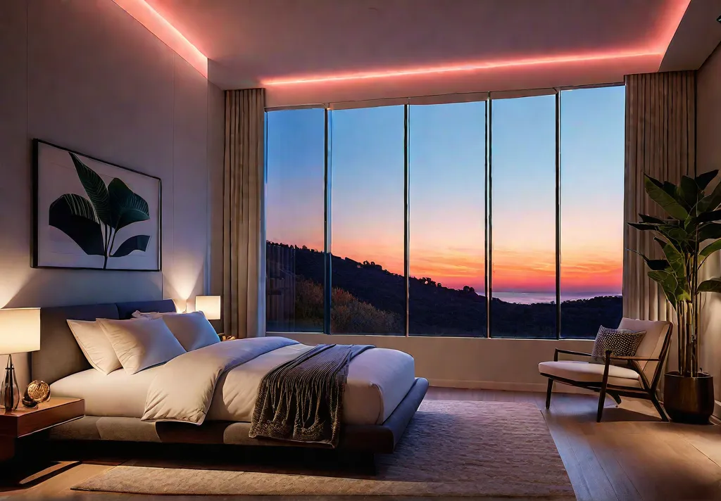 A serene bedroom bathed in the warm glow of sunsetcolored smart lightsfeat