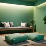 A serene bedroom oasis with a dedicated meditation corner featuring floor cushionsfeat