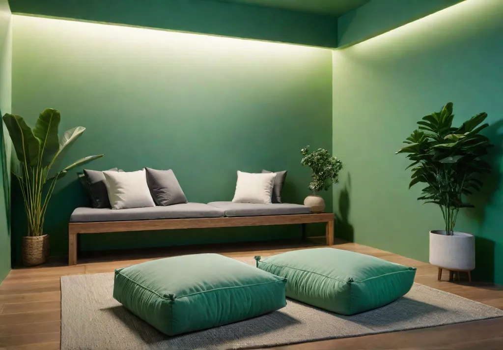 A serene bedroom oasis with a dedicated meditation corner featuring floor cushionsfeat