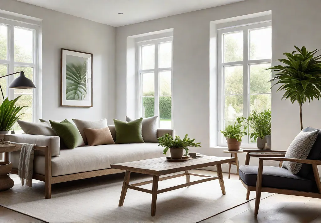 A serene modern living room bathed in natural light furnished with afeat