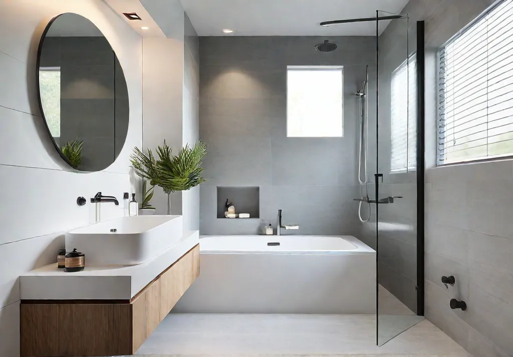 A small bathroom with a minimalist design featuring a floating vanity withfeat