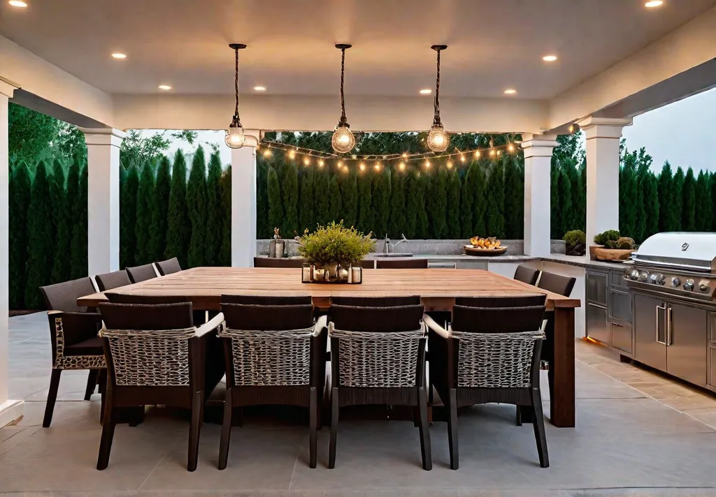 A spacious patio with a builtin outdoor kitchen featuring stainless steel appliancesfeat
