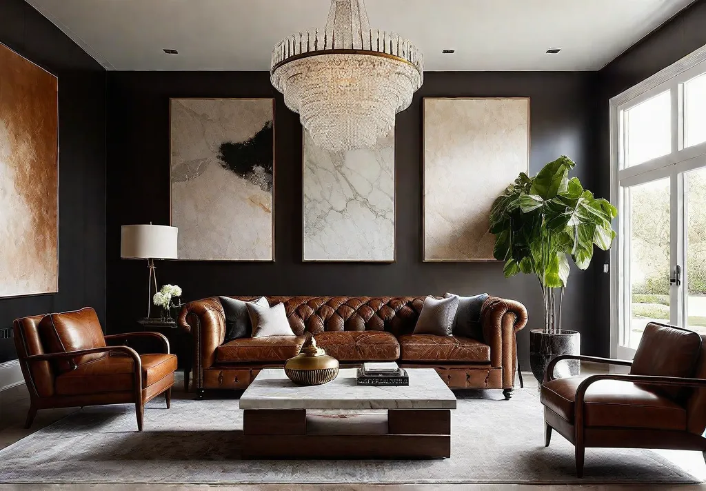 A sunlit living room with a Chesterfield sofa in rich brown leatherfeat