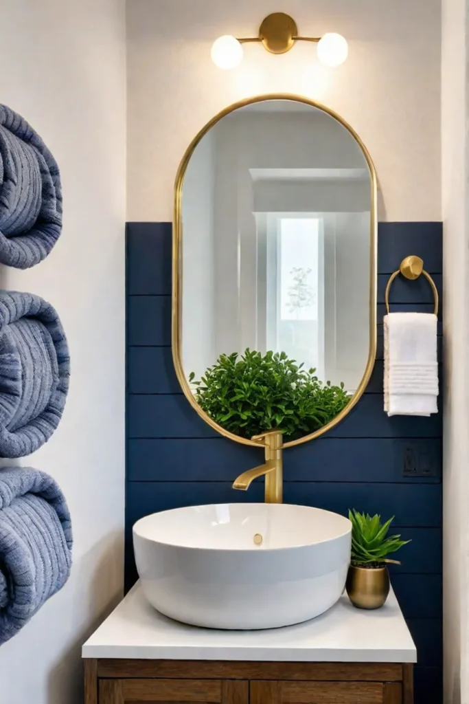 A stylish bathroom with a navy accent wall and brass accents
