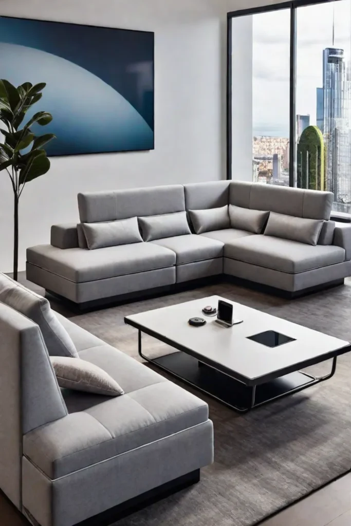 Adaptable furniture and integrated technology for a modern living room
