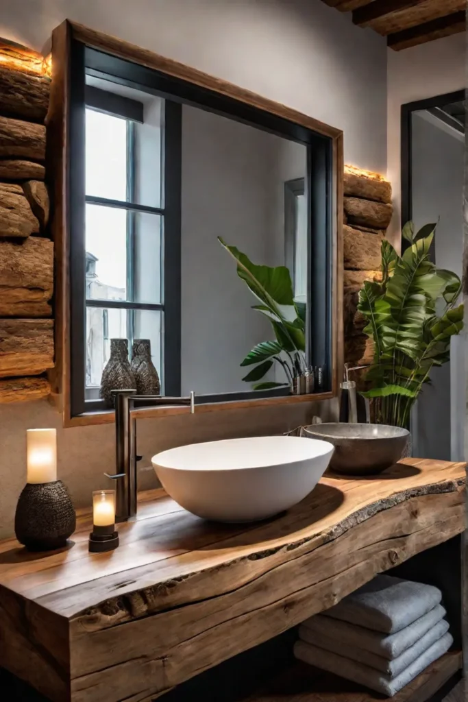 Bathroom remodel with natural wood and stone elements