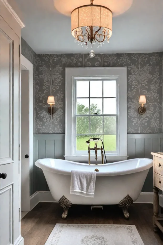 Bathroom with clawfoot tub and vintage chandelier