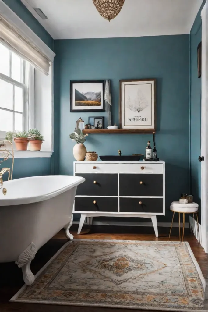 Bathroom with vintage and modern elements and thrifted decor