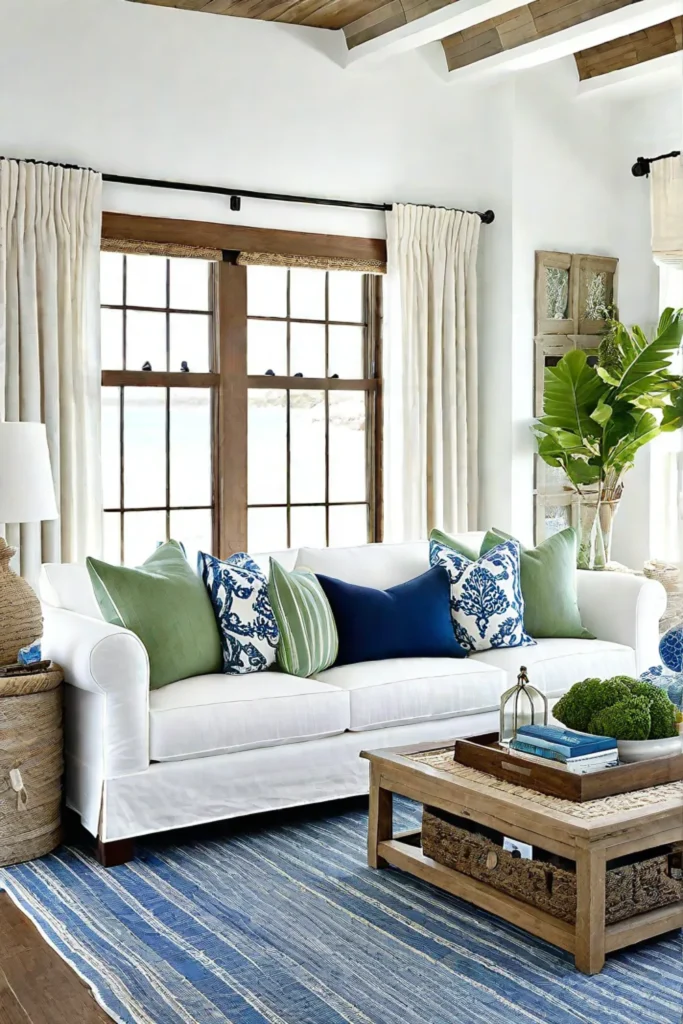 Beachy living room with weathered wood and nautical decor